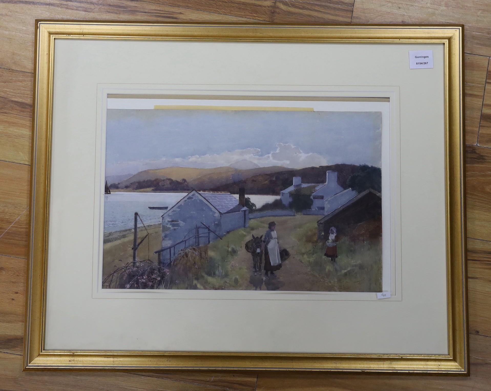 Attributed to Carleton Grant (1860-1930), watercolour, figures and cottages amongst a coastal-scape, 31 x 47cm